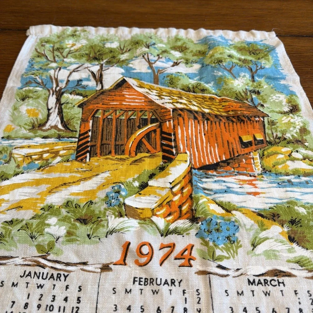 Vtg 1974 Covered Bridge Linen Tea Towel